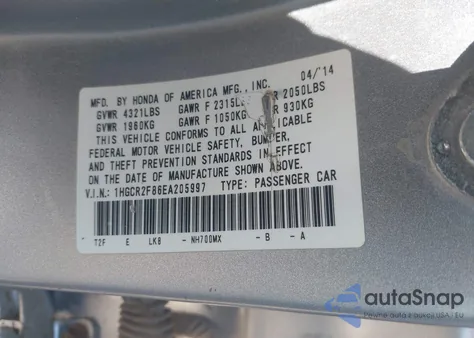 2014 Honda Accord Ex-L from USA, damaged, VIN 1HGCR2F86EA205997